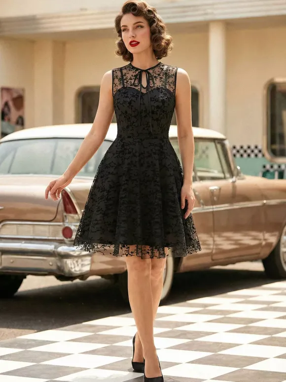 Embroidered Dress Round Neck Sleeveless Lace Up Retro Glamour Dresses