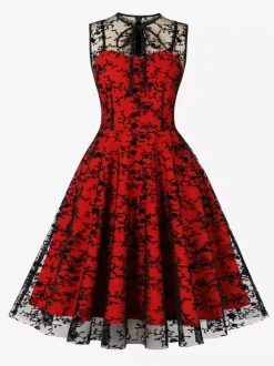Embroidered Dress Round Neck Sleeveless Lace Up Retro Glamour Dresses