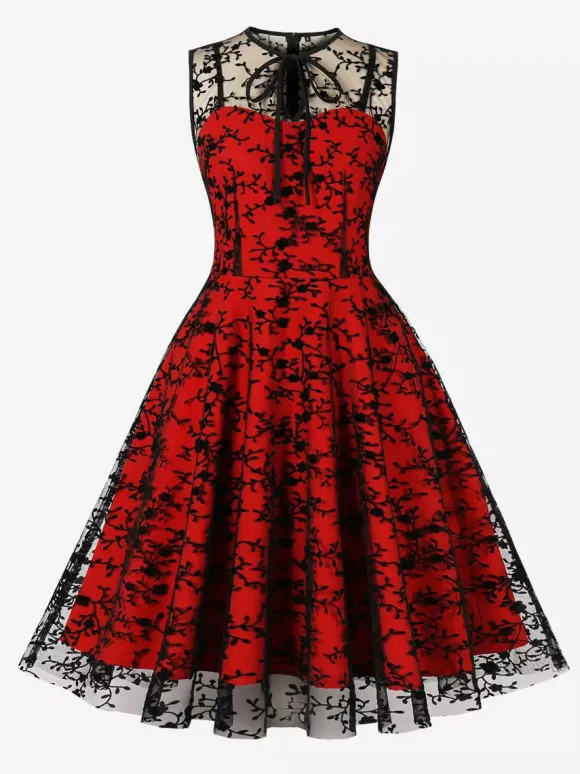 Embroidered Dress Round Neck Sleeveless Lace Up Retro Glamour Dresses