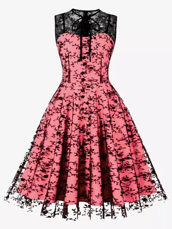 Embroidered Dress Round Neck Sleeveless Lace Up Retro Glamour Dresses