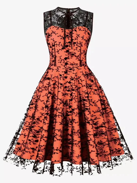 Embroidered Dress Round Neck Sleeveless Lace Up Retro Glamour Dresses