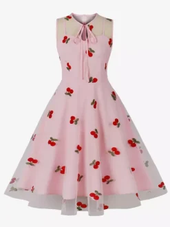 Embroidered Dress Round Neck Sleeveless Lace Up Retro Glamour Dresses