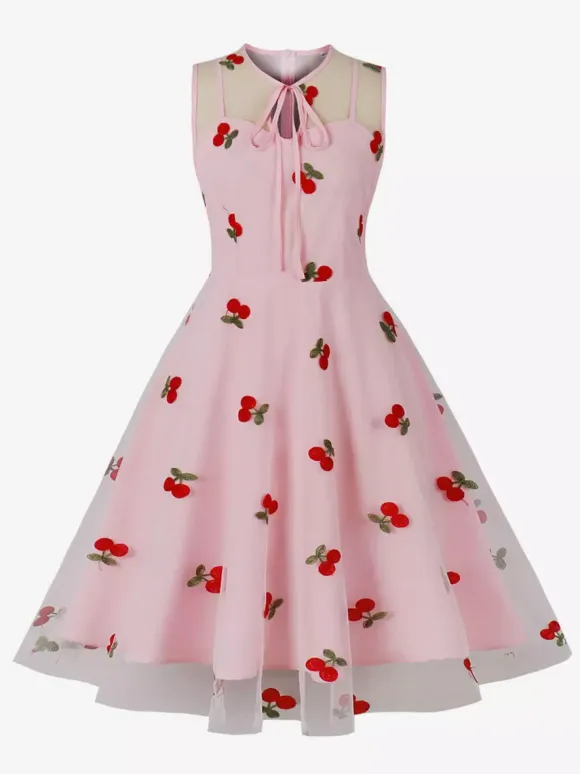 Embroidered Dress Round Neck Sleeveless Lace Up Retro Glamour Dresses