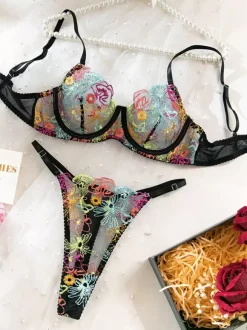 Embroidered Lingerie Sexy Black 2-Piece Bra Panty Sets