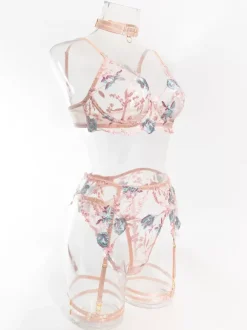 Embroidered Lingerie Sexy Pink 4-Piece Bra Panty Sets With Garter Belt