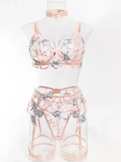Embroidered Lingerie Sexy Pink 4-Piece Bra Panty Sets With Garter Belt