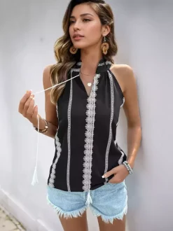 Embroidery V-neck Sleeveless Boho Top With Tassels 2026