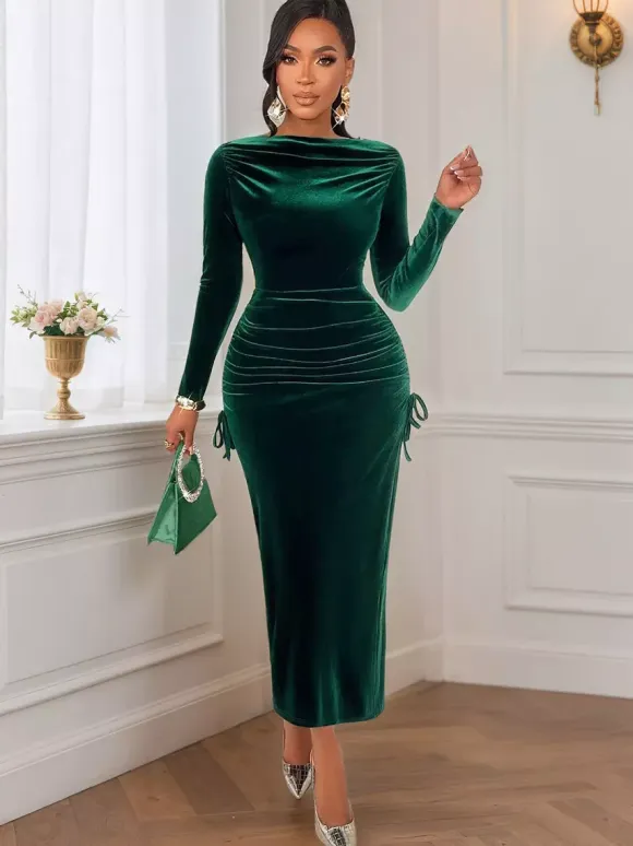 Emerald Green Velvet Ruched Long Sleeve Midi Dress For Women 2026