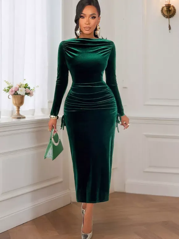 Emerald Green Velvet Ruched Long Sleeve Midi Dress For Women 2026