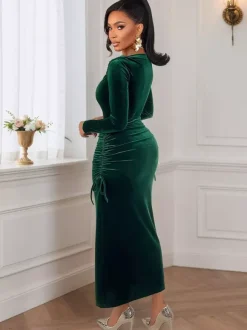 Emerald Green Velvet Ruched Long Sleeve Midi Dress For Women 2026