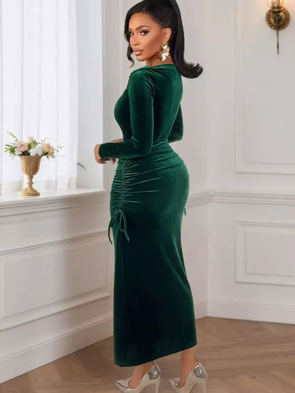 Emerald Green Velvet Ruched Long Sleeve Midi Dress For Women 2026