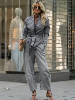Enzyme Washed Denim 2 Piece Set For Women - Grey Tie Waist Jacket And Horseshoe Barrel Leg Pants - Spring Casual Streetwear 2026