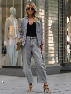 Enzyme Washed Denim 2 Piece Set For Women - Grey Tie Waist Jacket And Horseshoe Barrel Leg Pants - Spring Casual Streetwear 2026
