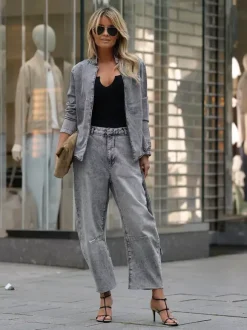 Enzyme Washed Denim 2 Piece Set For Women - Grey Tie Waist Jacket And Horseshoe Barrel Leg Pants - Spring Casual Streetwear 2026