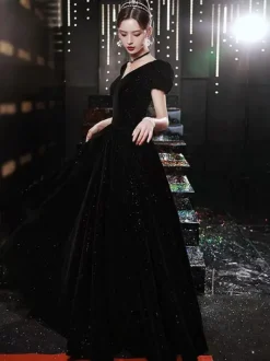 Evening Dress 2026 A-Line Bateau Neck Floor-Length Short Sleeves Lace-up Velour Formal Party Dresses Free Customization