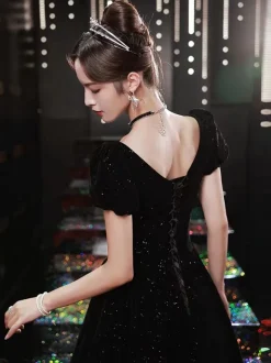 Evening Dress 2026 A-Line Bateau Neck Floor-Length Short Sleeves Lace-up Velour Formal Party Dresses Free Customization