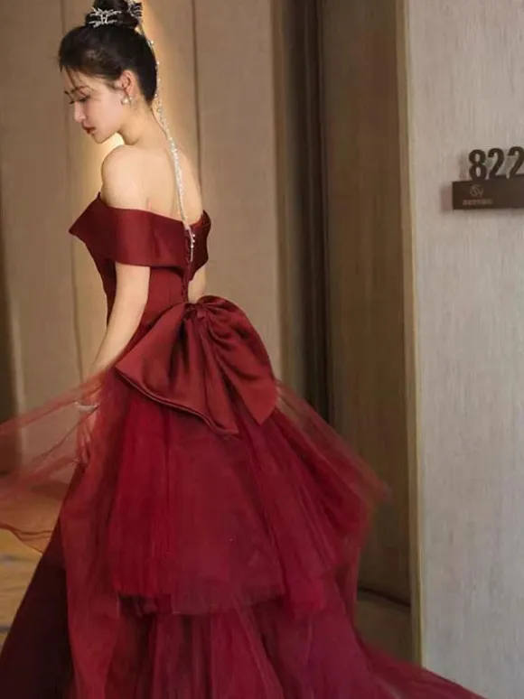 Evening Dress 2026 A-Line Bateau Neck With Train Short Sleeves Lace-up Bows Matte Satin Formal Dinner Dresses Free Customization