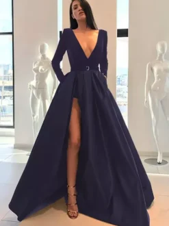 Evening Dress 2026 A-Line V-Neck Floor Length Long Sleeves Zipper Satin Formal Prom Party Dresses Free Customization