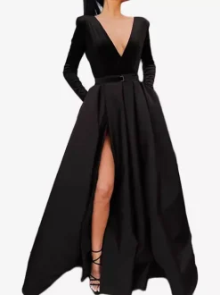 Evening Dress 2026 A-Line V-Neck Floor Length Long Sleeves Zipper Satin Formal Prom Party Dresses Free Customization