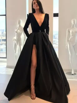 Evening Dress 2026 A-Line V-Neck Floor Length Long Sleeves Zipper Satin Formal Prom Party Dresses Free Customization