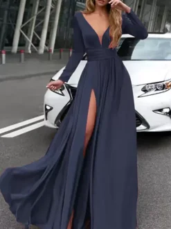 Evening Dress 2026 A-Line V-Neck Elastic Silk Like Satin Long Sleeves Pleated Split Front Formal Party Dresses Free Customization