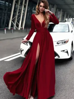 Evening Dress 2026 A-Line V-Neck Elastic Silk Like Satin Long Sleeves Pleated Split Front Formal Party Dresses Free Customization