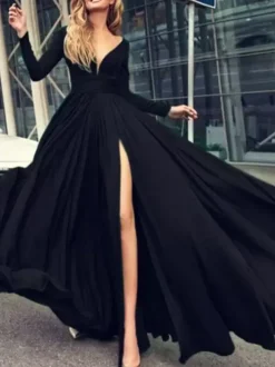 Evening Dress 2026 A-Line V-Neck Elastic Silk Like Satin Long Sleeves Pleated Split Front Formal Party Dresses Free Customization