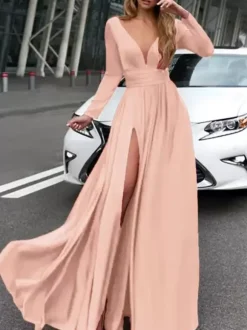 Evening Dress 2026 A-Line V-Neck Elastic Silk Like Satin Long Sleeves Pleated Split Front Formal Party Dresses Free Customization