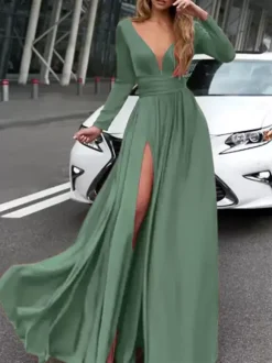 Evening Dress 2026 A-Line V-Neck Elastic Silk Like Satin Long Sleeves Pleated Split Front Formal Party Dresses Free Customization