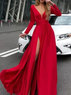 Evening Dress 2026 A-Line V-Neck Elastic Silk Like Satin Long Sleeves Pleated Split Front Formal Party Dresses Free Customization