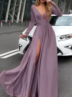 Evening Dress 2026 A-Line V-Neck Elastic Silk Like Satin Long Sleeves Pleated Split Front Formal Party Dresses Free Customization