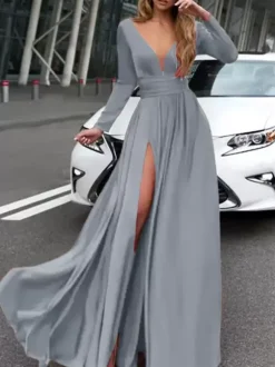 Evening Dress 2026 A-Line V-Neck Elastic Silk Like Satin Long Sleeves Pleated Split Front Formal Party Dresses Free Customization