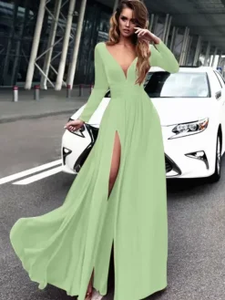 Evening Dress 2026 A-Line V-Neck Elastic Silk Like Satin Long Sleeves Pleated Split Front Formal Party Dresses Free Customization
