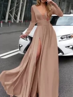 Evening Dress 2026 A-Line V-Neck Elastic Silk Like Satin Long Sleeves Pleated Split Front Formal Party Dresses Free Customization