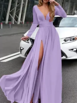Evening Dress 2026 A-Line V-Neck Elastic Silk Like Satin Long Sleeves Pleated Split Front Formal Party Dresses Free Customization