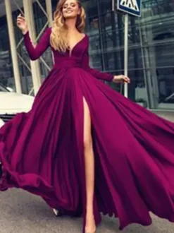 Evening Dress 2026 A-Line V-Neck Elastic Silk Like Satin Long Sleeves Pleated Split Front Formal Party Dresses Free Customization