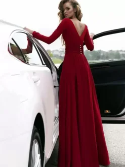 Evening Dress 2026 A-Line V-Neck Elastic Silk Like Satin Long Sleeves Pleated Split Front Formal Party Dresses Free Customization