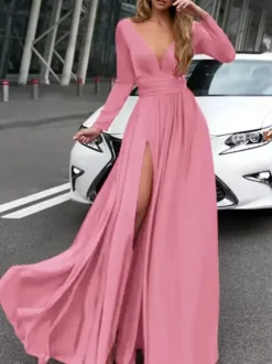 Evening Dress 2026 A-Line V-Neck Elastic Silk Like Satin Long Sleeves Pleated Split Front Formal Party Dresses Free Customization