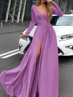 Evening Dress 2026 A-Line V-Neck Elastic Silk Like Satin Long Sleeves Pleated Split Front Formal Party Dresses Free Customization