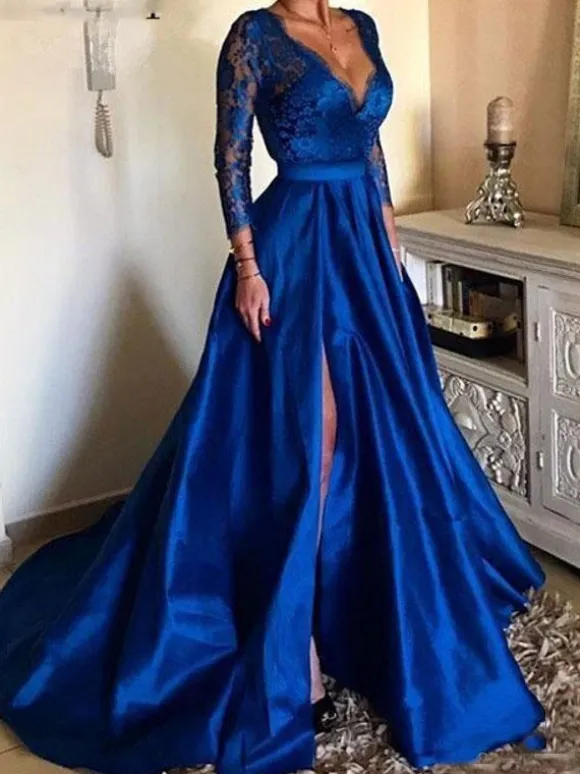 Evening Dress 2026 Ball Gown V-Neck 3/4 Length Sleeves Zipper Lace Satin Formal Dresses Free Customization