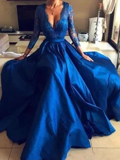 Evening Dress 2026 Ball Gown V-Neck 3/4 Length Sleeves Zipper Lace Satin Formal Dresses Free Customization