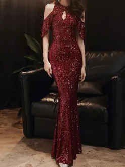 Evening Dress 2026 Mermaid High Collar Sequined Floor-Length Sequins Long Formal Dinner Dresses Wedding Guest Dresses