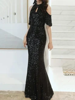 Evening Dress 2026 Mermaid High Collar Sequined Floor-Length Sequins Long Formal Dinner Dresses Wedding Guest Dresses