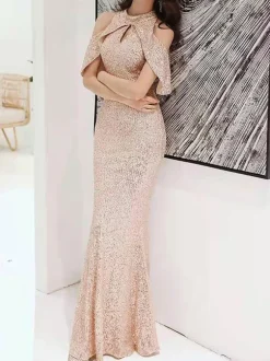 Evening Dress 2026 Mermaid High Collar Sequined Floor-Length Sequins Long Formal Dinner Dresses Wedding Guest Dresses