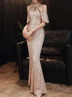 Evening Dress 2026 Mermaid High Collar Sequined Floor-Length Sequins Long Formal Dinner Dresses Wedding Guest Dresses