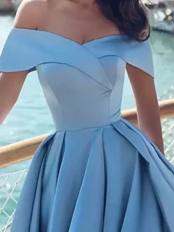 Evening Dress A Line Bateau Neck Satin Fabric Pleated High Split Formal Dinner Dresses With Train