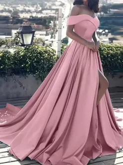Evening Dress A Line Bateau Neck Satin Fabric Pleated High Split Formal Dinner Dresses With Train