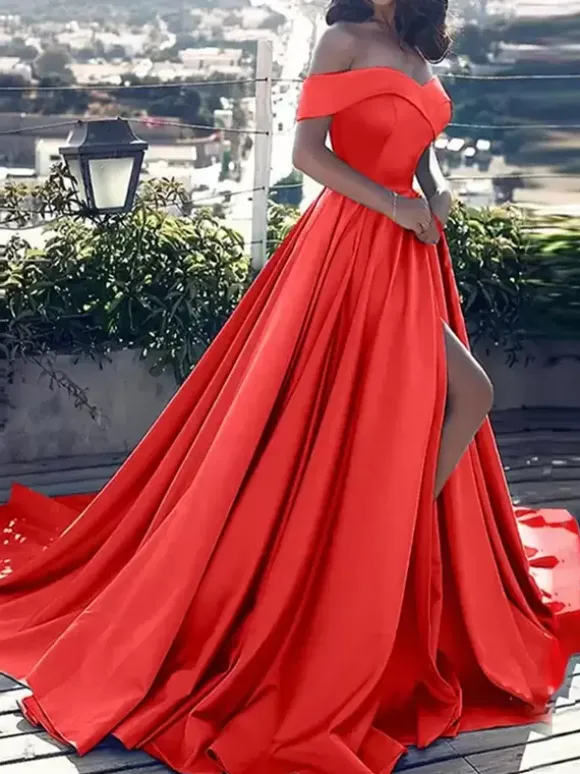 Evening Dress A Line Bateau Neck Satin Fabric Pleated High Split Formal Dinner Dresses With Train