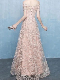 Evening Dress A-Line Bateau Neck Lace Floor-Length Formal Party Dresses