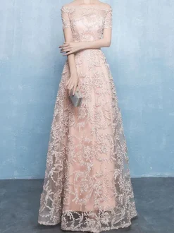 Evening Dress A-Line Bateau Neck Lace Floor-Length Formal Party Dresses